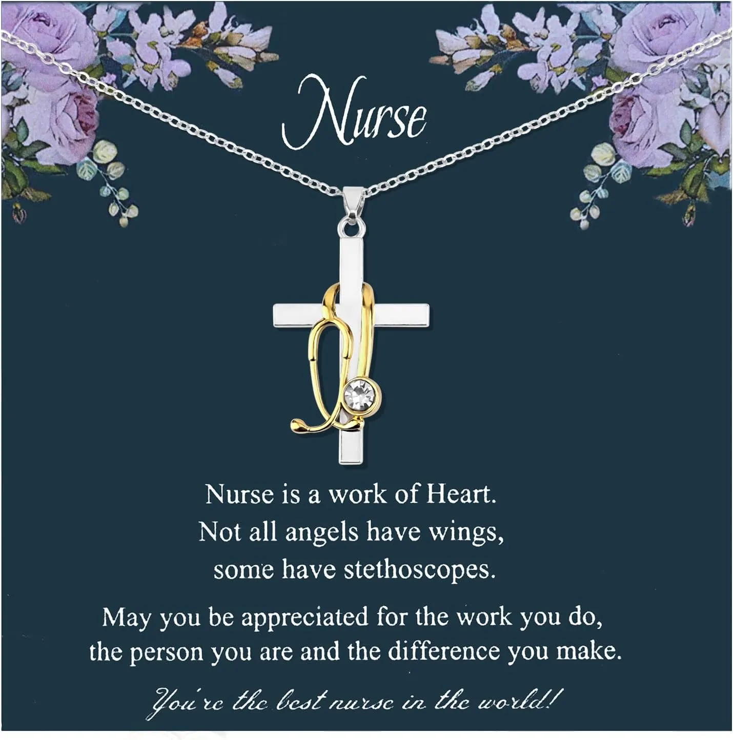 Stethoscope Cross Necklace, Alloy Nurse Necklaces with Greeting Card Personalized Medicine Pendant Jewelry Nursing Graduation gifts for Woman