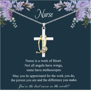 Stethoscope Cross Necklace, Alloy Nurse Necklaces with Greeting Card Personalized Medicine Pendant Jewelry Nursing Graduation gifts for Woman