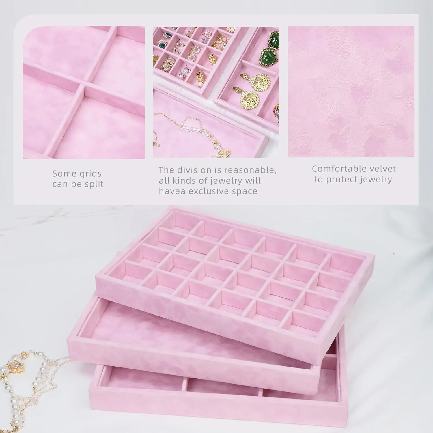 Stratalife Set of 3 Earring Holder Organizer Drawer Jewelry Organizer Tray Jewelry Tray Bracelet Organizer Jewelry Trays for Drawers Removable Dividers Jewelry Holder Drawer Inserts Pink