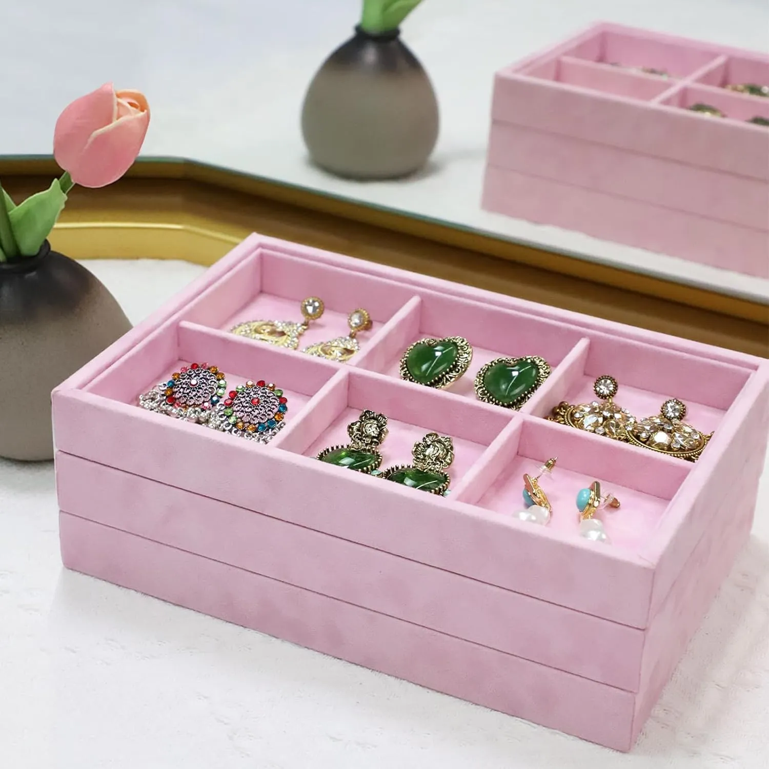 Stratalife Set of 3 Earring Holder Organizer Drawer Jewelry Organizer Tray Jewelry Tray Bracelet Organizer Jewelry Trays for Drawers Removable Dividers Jewelry Holder Drawer Inserts Pink