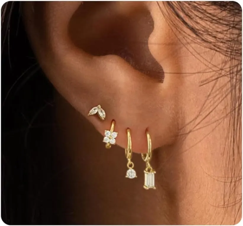 Stud Earrings for Women Dainty Small Hoop Earrings 14K Gold/Silver Plated Cartilage Earring Set CZ Dangle Huggie Earrings Lightweight Hypoallergenic Earrings Trendy Multiple Piercings Jewelry