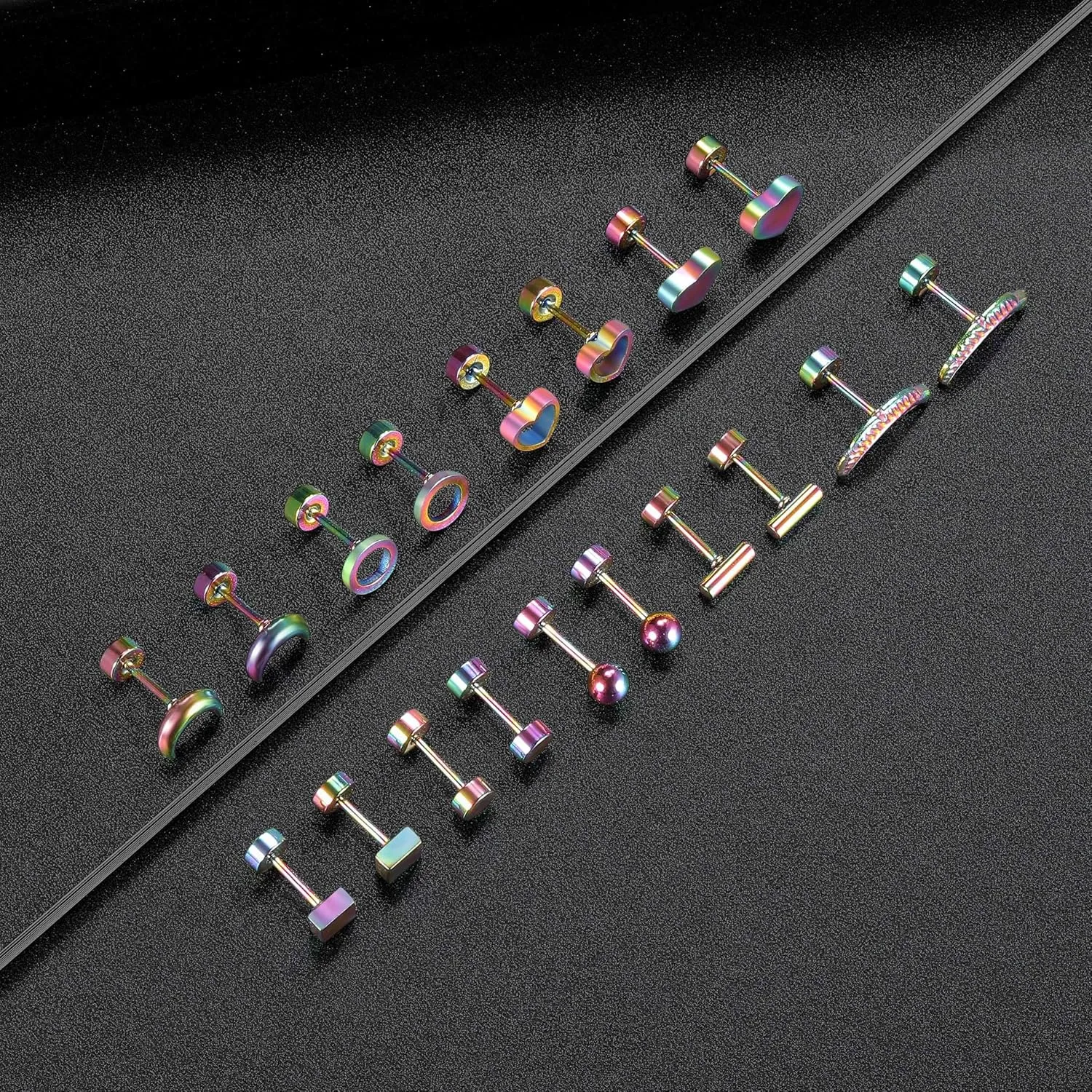 Surgical Stainless Steel Stud Earrings for Women Hypoallergenic White Gold Plated Screw Flat Back Earring Set For Men Trendy Multiple Styles Earrings(9 Pairs) 