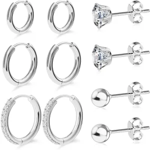 Surgical Steel Earrings Set for Multiple Piercing 5 Pairs Hoop Earrings CZ Stud Earrings for Women Hypoallergenic Ball Earrings 20G