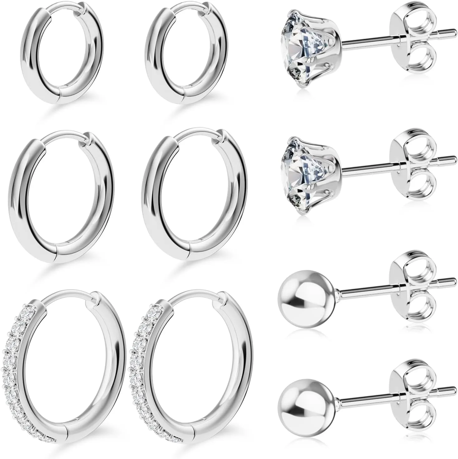Surgical Steel Earrings Set for Multiple Piercing 5 Pairs Hoop Earrings CZ Stud Earrings for Women Hypoallergenic Ball Earrings 20G