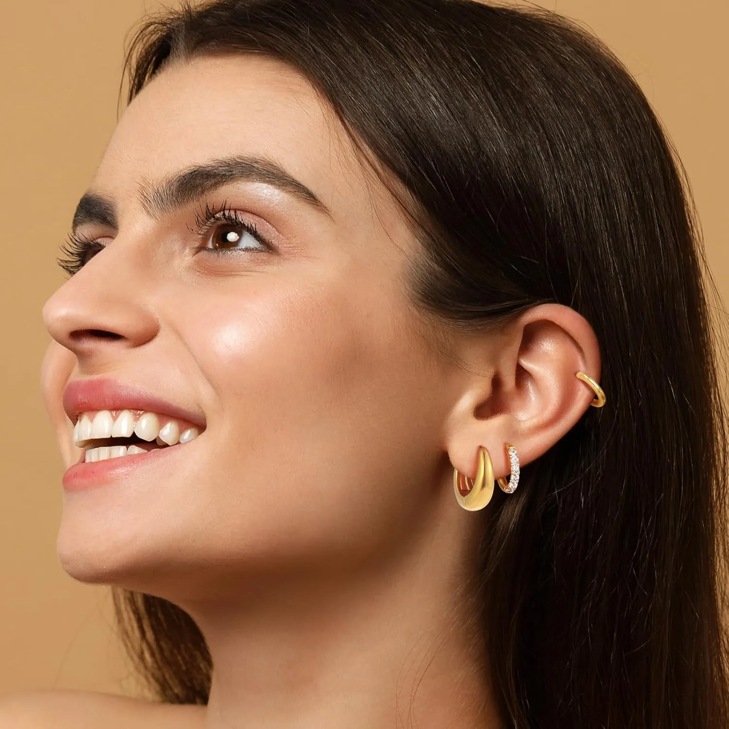 Surgical Steel Gold Hoop Earrings for Women,14K Gold Plated Small Hoop Earrings Set,Hypoallergenic Lightweight CZ Huggie Earrings, Waterproof Non tarnish, for Multiple Piercing