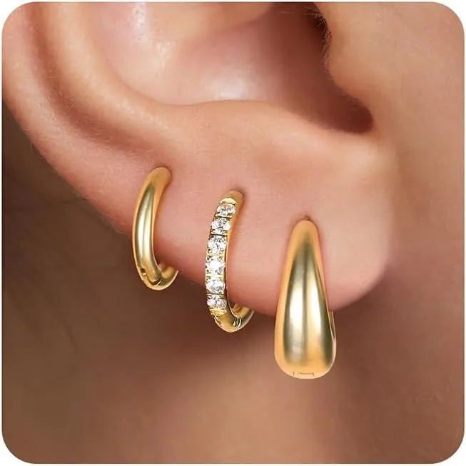 Surgical Steel Gold Hoop Earrings for Women,14K Gold Plated Small Hoop Earrings Set,Hypoallergenic Lightweight CZ Huggie Earrings, Waterproof Non tarnish, for Multiple Piercing