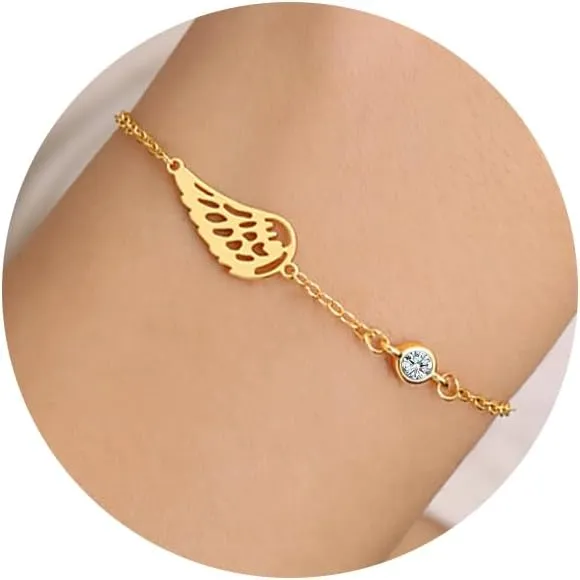 Sympathy Gifts for Loss of Loved One Birthstone Bracelets for Women 14K Gold Plated Angel Wing Memory Bracelet Sorry for Your Loss Gifts Memorial Protection Remembrance Birthday Jewelry