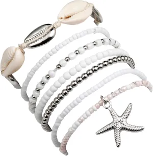tenghong2021 Layered Shell Beaded Bracelets for Women Seashell Beaded Woven Bracelet Summer Beach Wind Starfish Rice Beads Seven-Piece Set for Women Jewelry Accessories