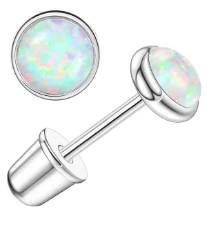 Threadless Flat Back Opal Stud Earrings 14K Gold Plated Hypoallergenic Surgical Stainless Steel Earrings Studs for Women 5mm Handmade Cartilage Helix Conch Jewelry for Multiple Piercing