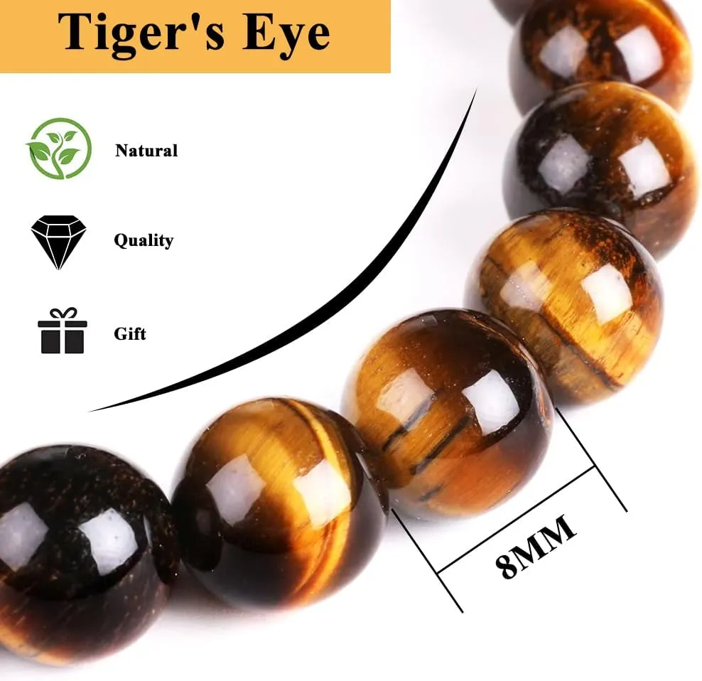 Tiger Eye and Black Obsidian Natural Stone Bracelet, 8mm Beads, Adjustable Meditation Jewelry for Men Women