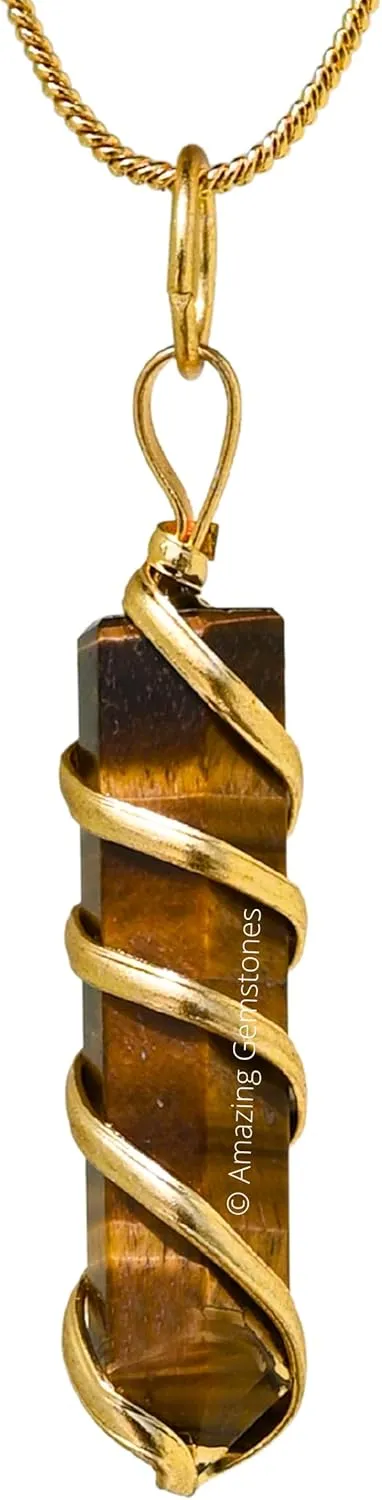 Tiger Eye Crystal Necklace Pendant For Women, Gold Wire Wrapped Dainty Minimalist Healing Crystal Necklaces For Men Kids Unisex Necklace Jewelry With 20" Inches Adjustable Chain & Leather Cord