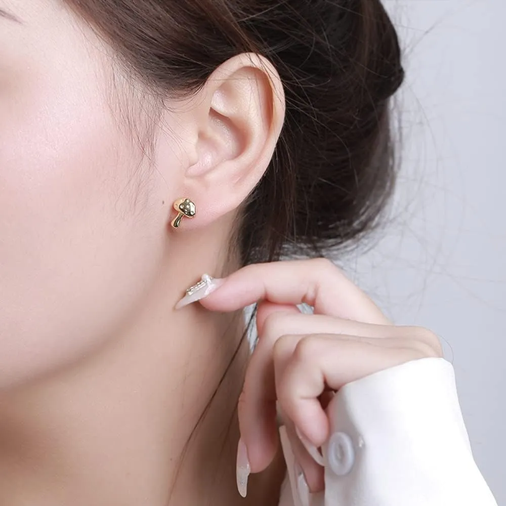 Tiny Mushroom Stud Earrings for Women 925 Sterling Silver Cute Cartoon Sleeper Earring Cartilage Lobe Piercing Studs Minimalist Lovely Easter Jewelry Friendship Gifts Hypoallergenic