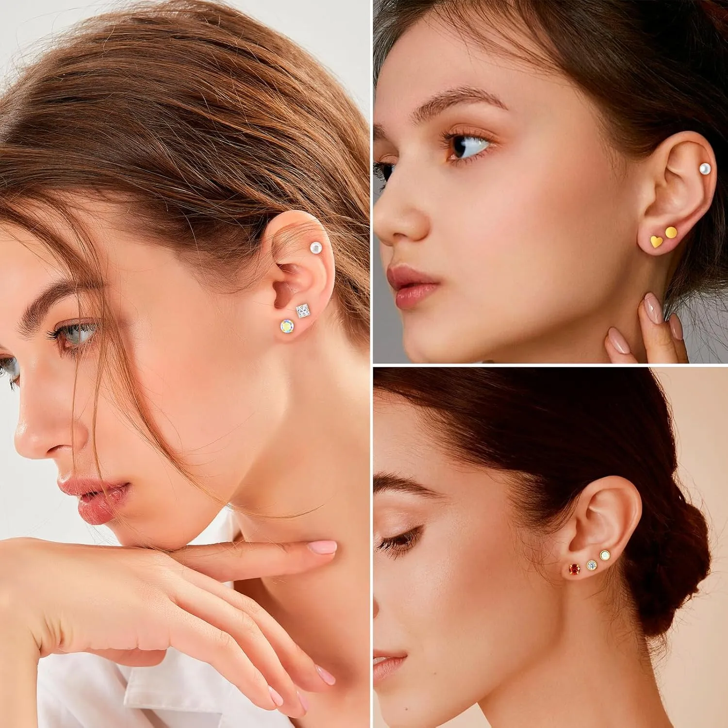 Titanium Earrings for Men Women, Hypoallergenic Flat Back Black Surgical Stainless Steel Stud Earrings for Sensitive Ears Small Opal Cubic Zirconia Hoop Cartilage Earrings Jewelry Set
