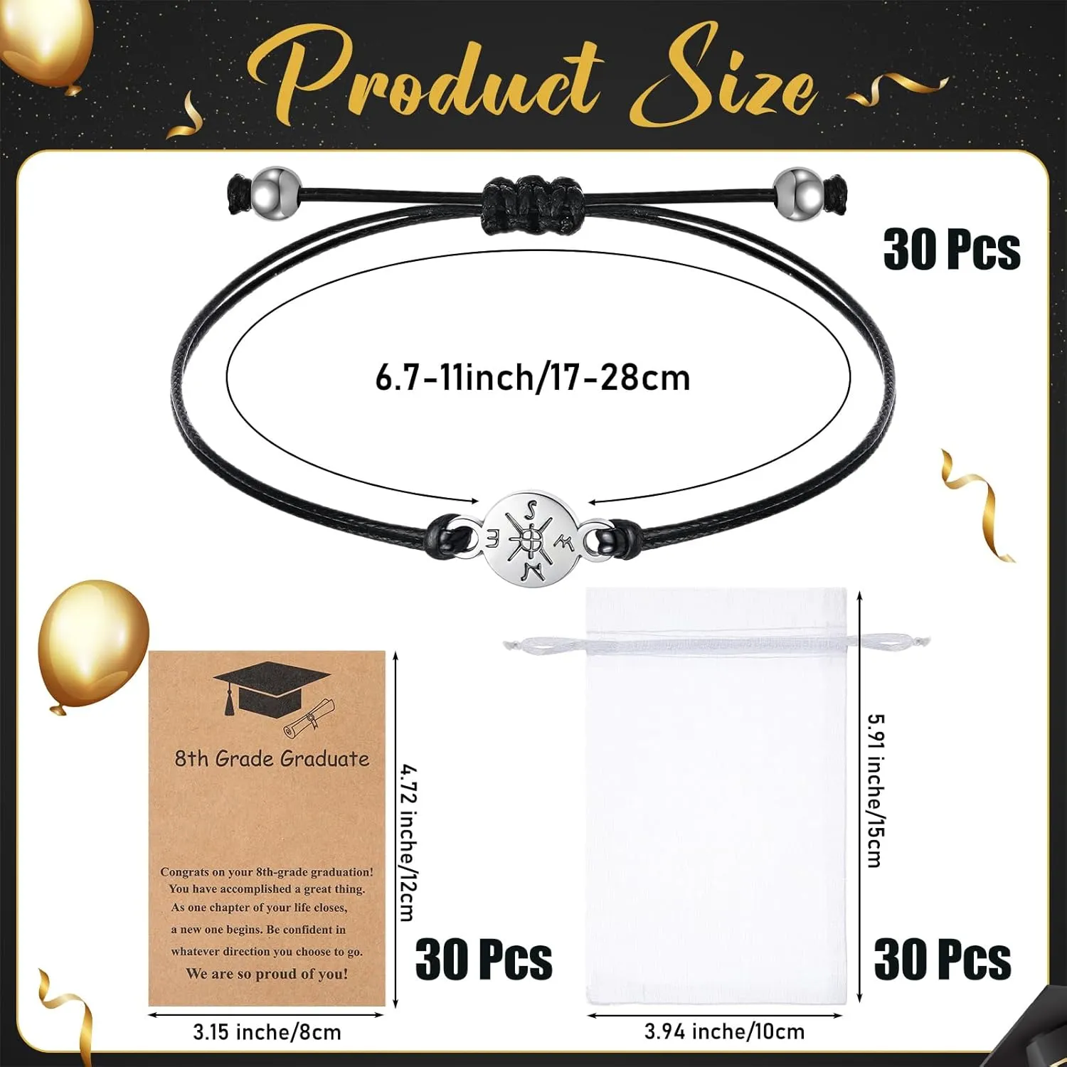 Tondiamo 30 Pcs 2025 Cross Bracelets Bulk Class of 2025 Graduation Gifts Graduation Bracelet Distance Friendship Bracelets with Card and Organza Bag for College High School Graduate Gifts