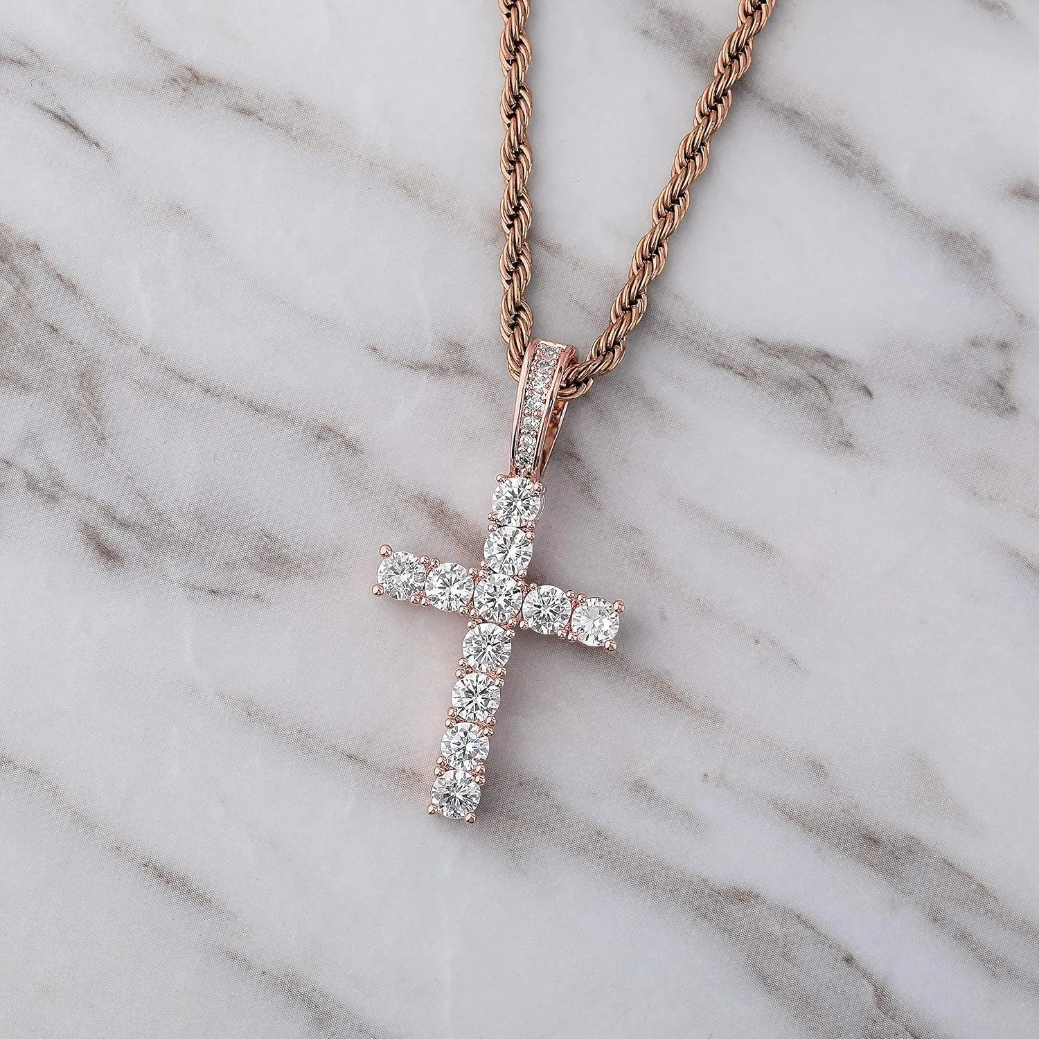 TOPGRILLZ Cross Necklace for Men Gold Necklace for Women Gold Heart Cross Jewelry 14K Silver Plated Solid Iced Cubic Zirconia Stainless Steel Pendant Chain