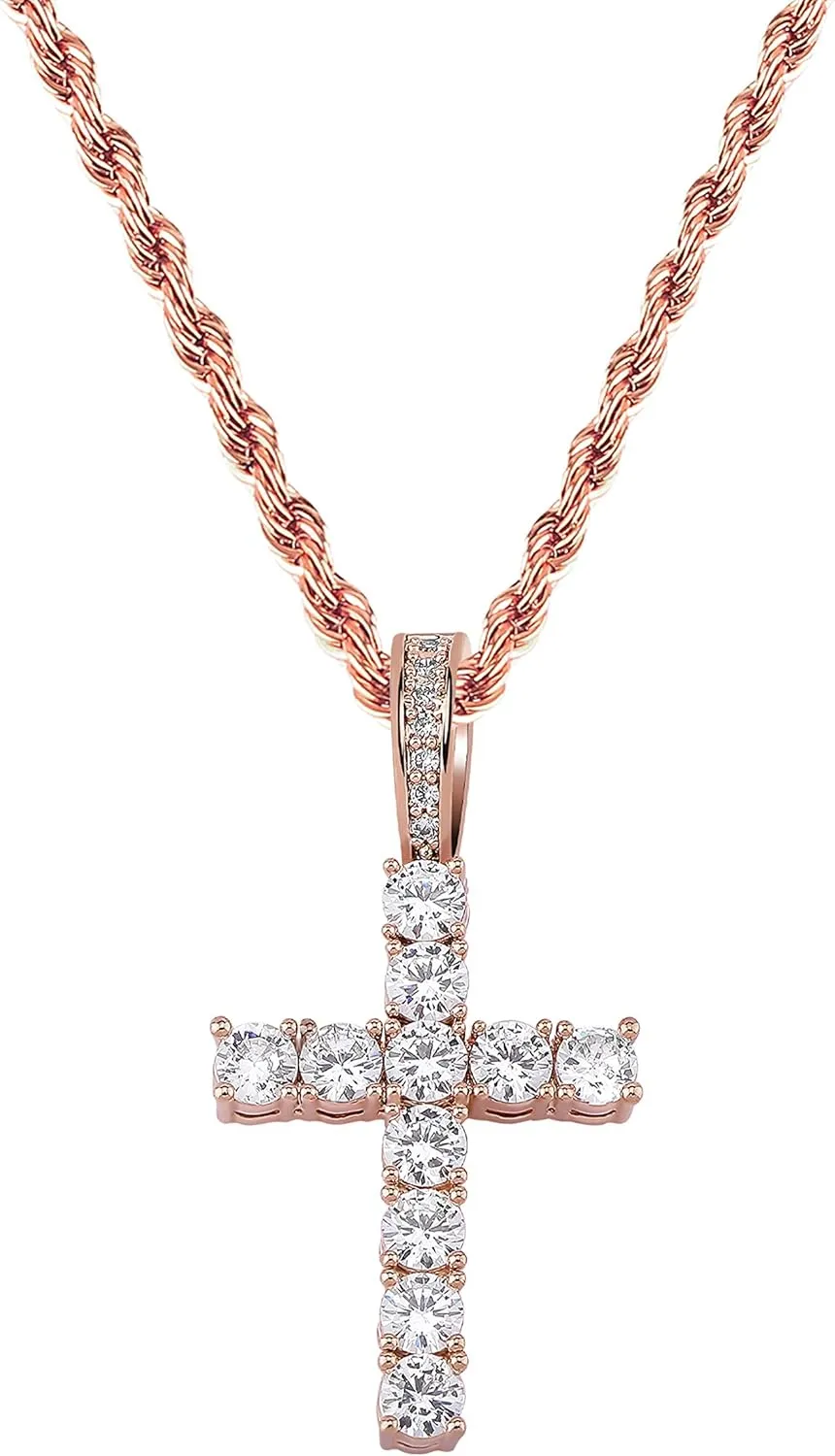 TOPGRILLZ Cross Necklace for Men Gold Necklace for Women Gold Heart Cross Jewelry 14K Silver Plated Solid Iced Cubic Zirconia Stainless Steel Pendant Chain