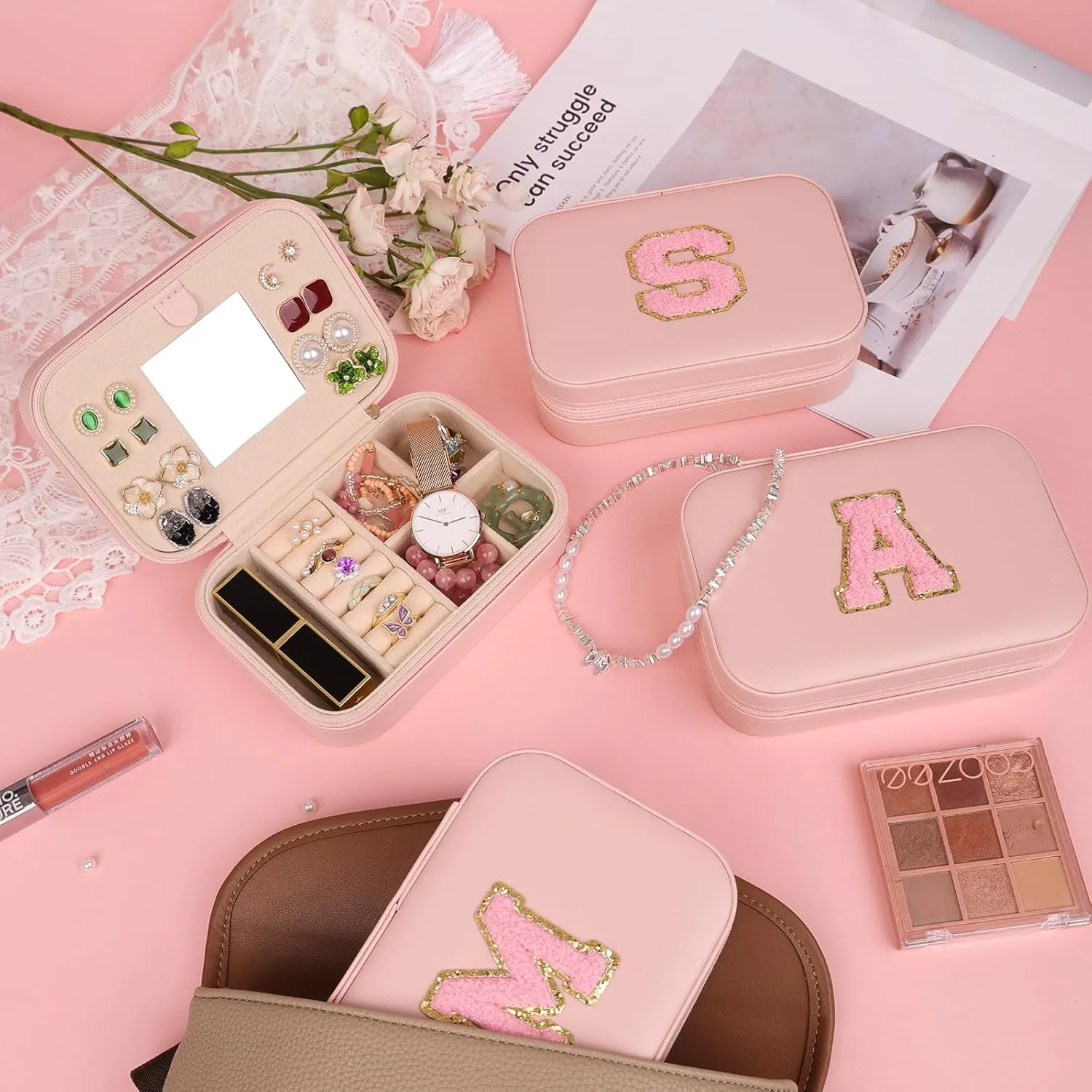 TopPerfekt Travel Jewelry Case, Jewelry Box with Mirror, Jewelry Organizer Bridal Shower Gifts to Her, Earring Storage Travel Case, Trendy Gift for Women and Girls, Girlfriend-Letter B, Pink