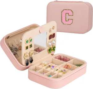 TopPerfekt Travel Jewelry Case, Jewelry Box with Mirror, Jewelry Organizer Bridal Shower Gifts to Her, Earring Storage Travel Case, Trendy Gift for Women and Girls, Girlfriend-Letter C, Pink