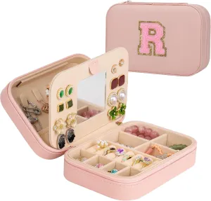 TopPerfekt Travel Jewelry Case, Jewelry Box with Mirror, Jewelry Organizer Bridal Shower Gifts to Her, Earring Storage Travel Case, Trendy Gift for Women and Girls, Girlfriend-Letter R, Pink