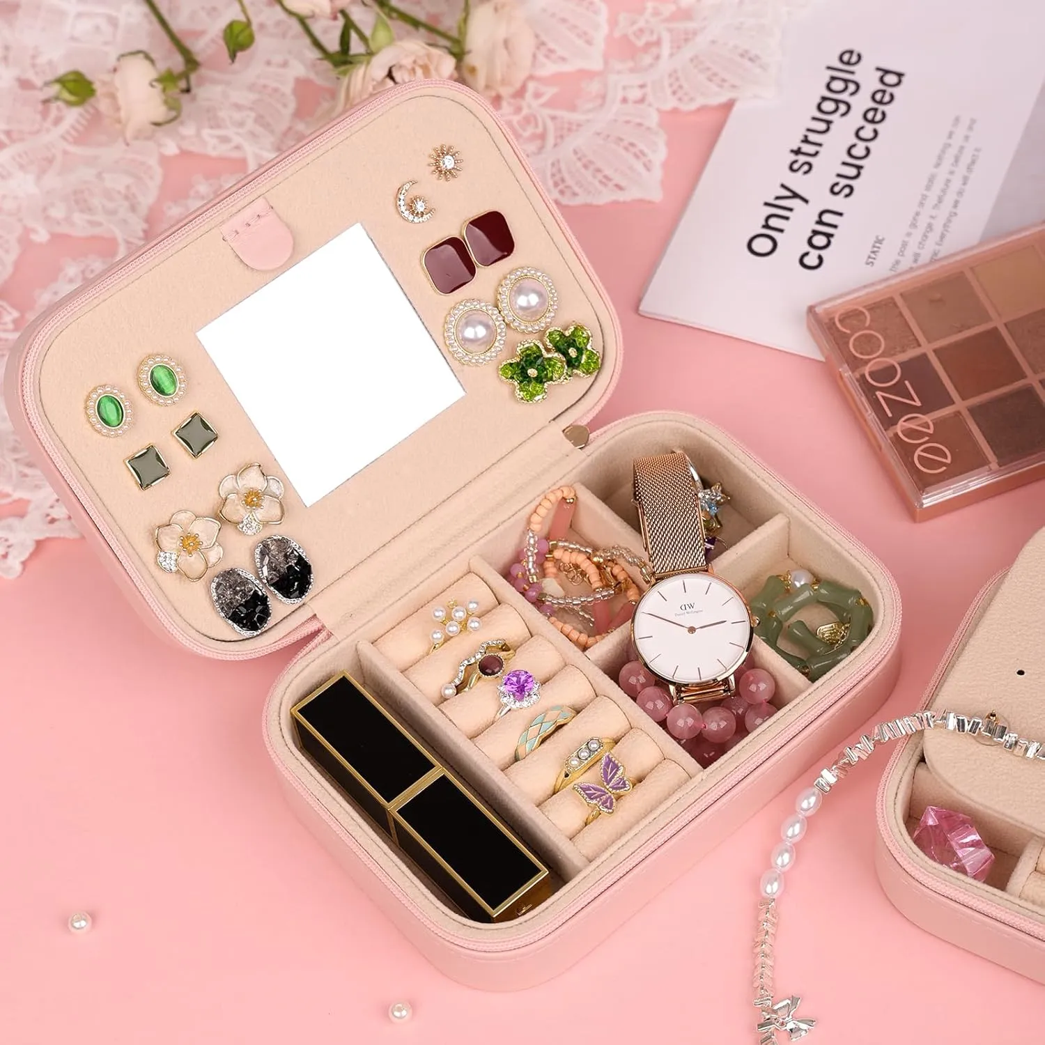 TopPerfekt Travel Jewelry Case, Jewelry Box with Mirror, Jewelry Organizer Bridal Shower Gifts to Her, Earring Storage Travel Case, Trendy Gift for Women and Girls, Girlfriend-Letter R, Pink