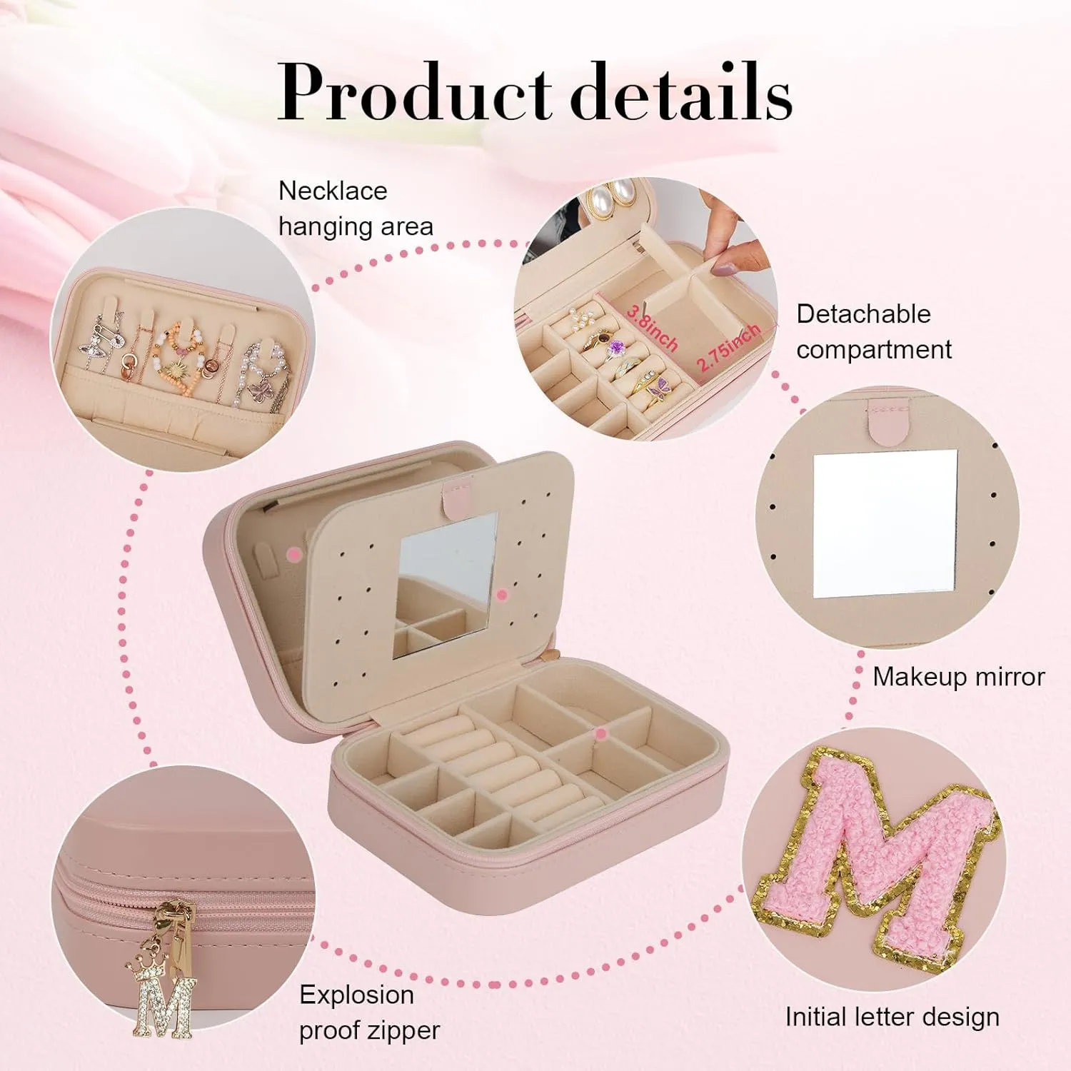 TopPerfekt Travel Jewelry Case, Jewelry Box with Mirror, Jewelry Organizer Bridal Shower Gifts to Her, Earring Storage Travel Case, Trendy Gift for Women and Girls, Girlfriend-Letter R, Pink