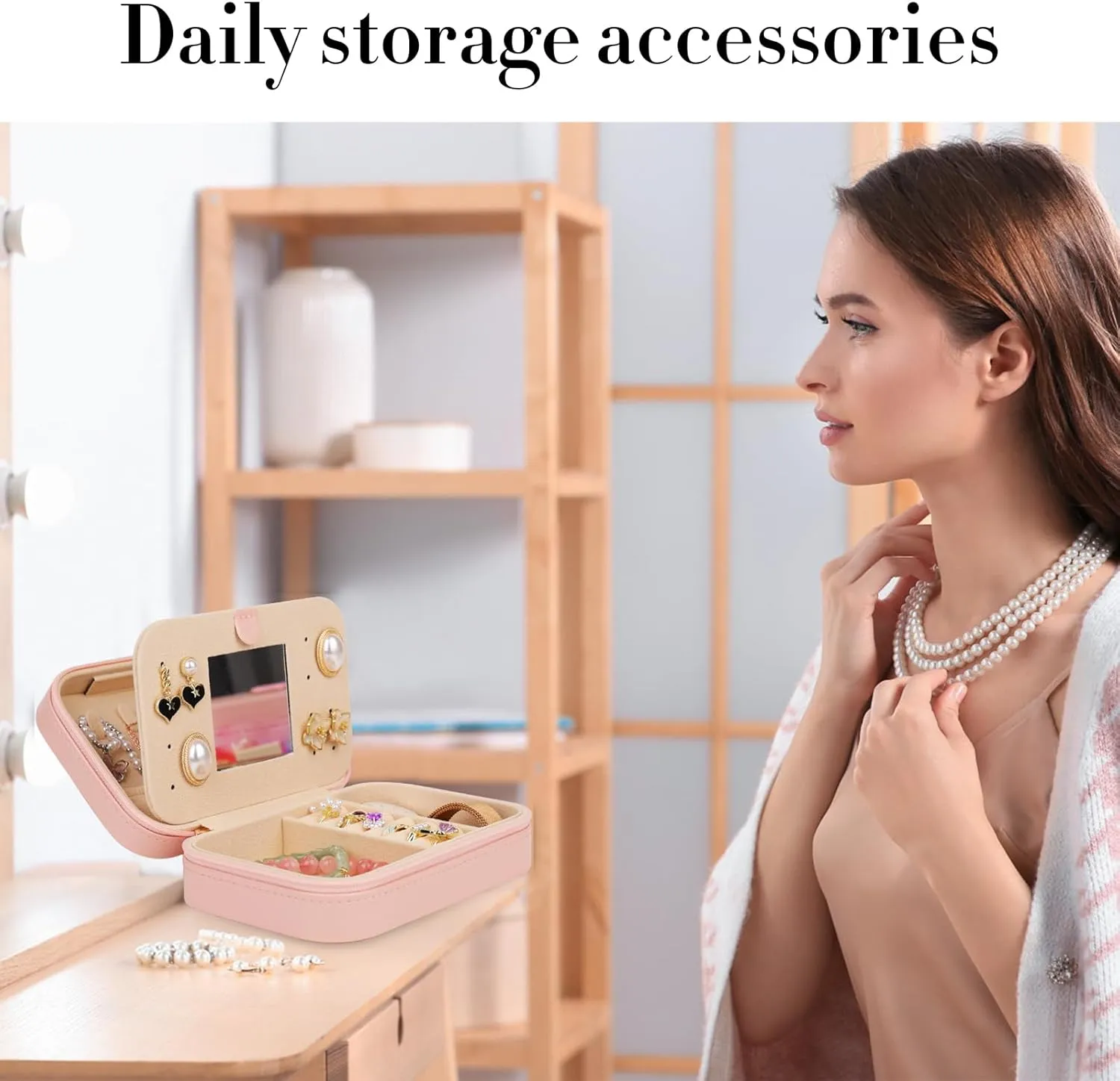 TopPerfekt Travel Jewelry Case, Jewelry Box with Mirror, Jewelry Organizer Bridal Shower Gifts to Her, Earring Storage Travel Case, Trendy Gift for Women and Girls, Girlfriend-Letter R, Pink