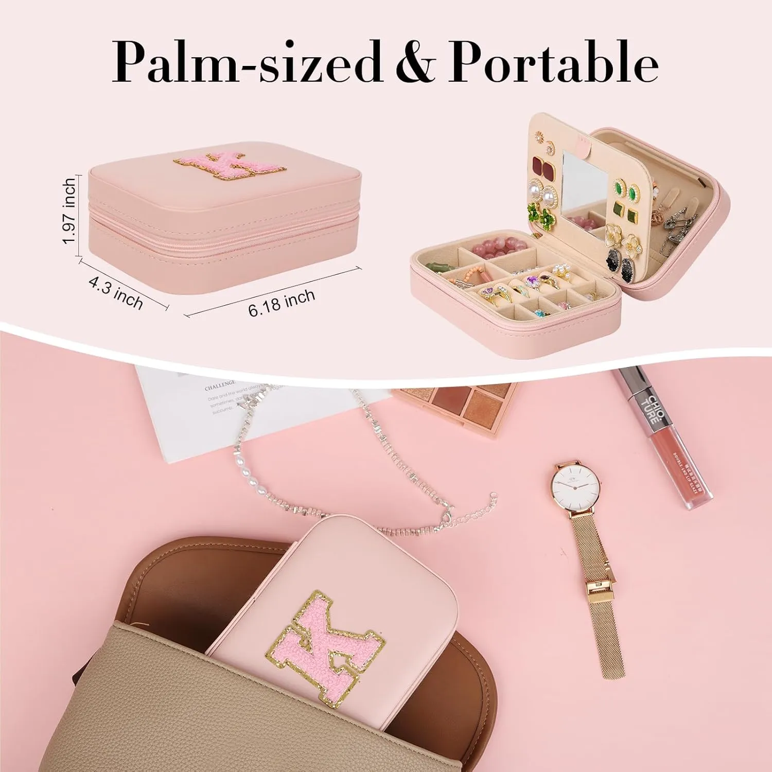 TopPerfekt Travel Jewelry Case, Jewelry Box with Mirror, Jewelry Organizer Bridal Shower Gifts to Her, Earring Storage Travel Case, Trendy Gift for Women and Girls, Girlfriend-Letter R, Pink