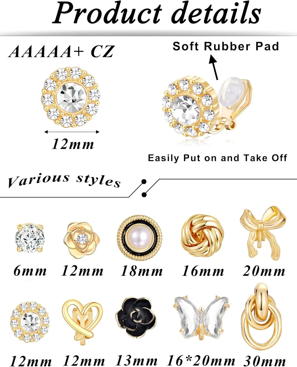Tornito 10 Pairs Clip On Earrings Round CZ Pearl Twist Knot Bowknot Rose Flower Butterfly Heart Crystal Non Pierced Earrings Clip on Stud Set for Women Silver Gold Tone
