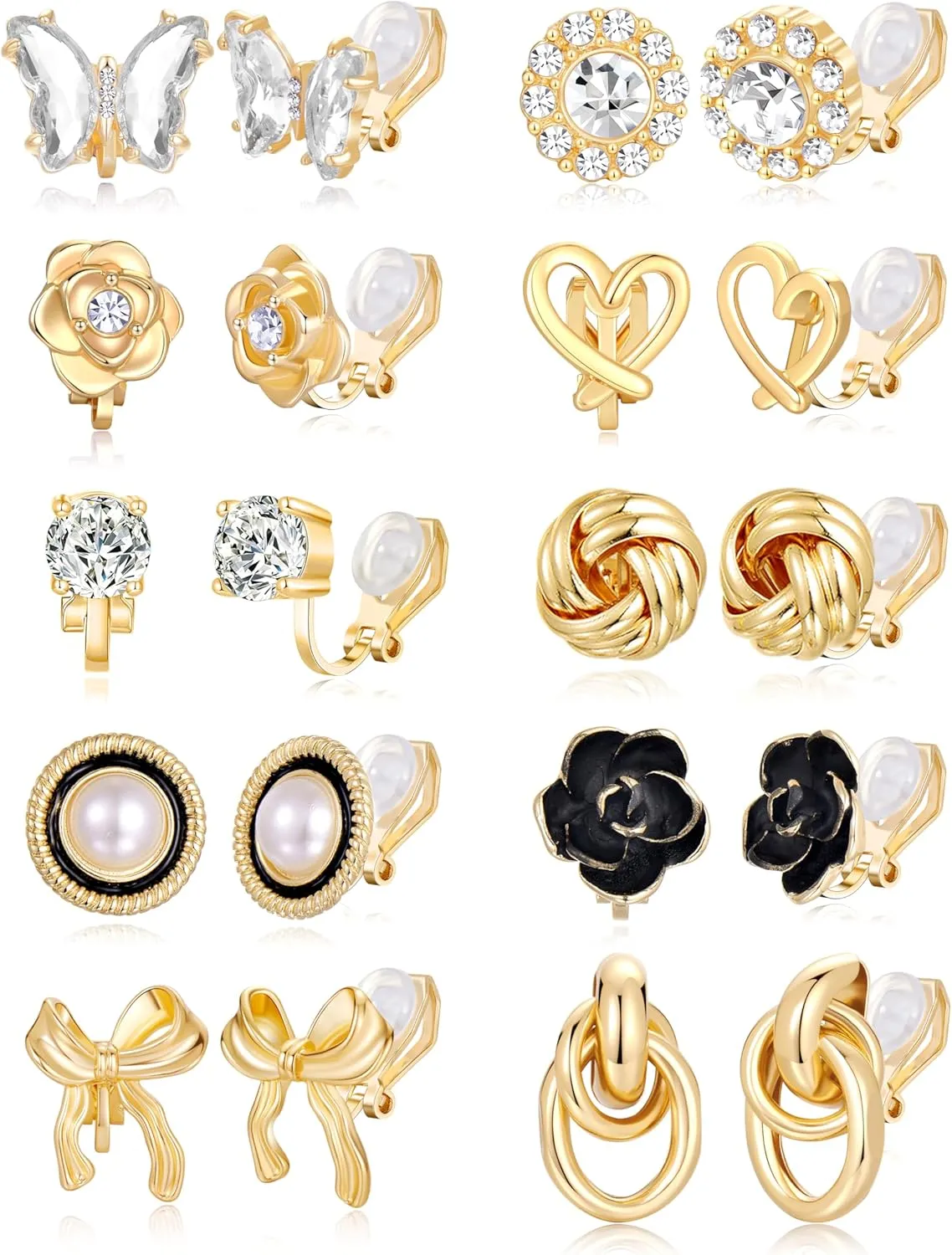 Tornito 10 Pairs Clip On Earrings Round CZ Pearl Twist Knot Bowknot Rose Flower Butterfly Heart Crystal Non Pierced Earrings Clip on Stud Set for Women Silver Gold Tone