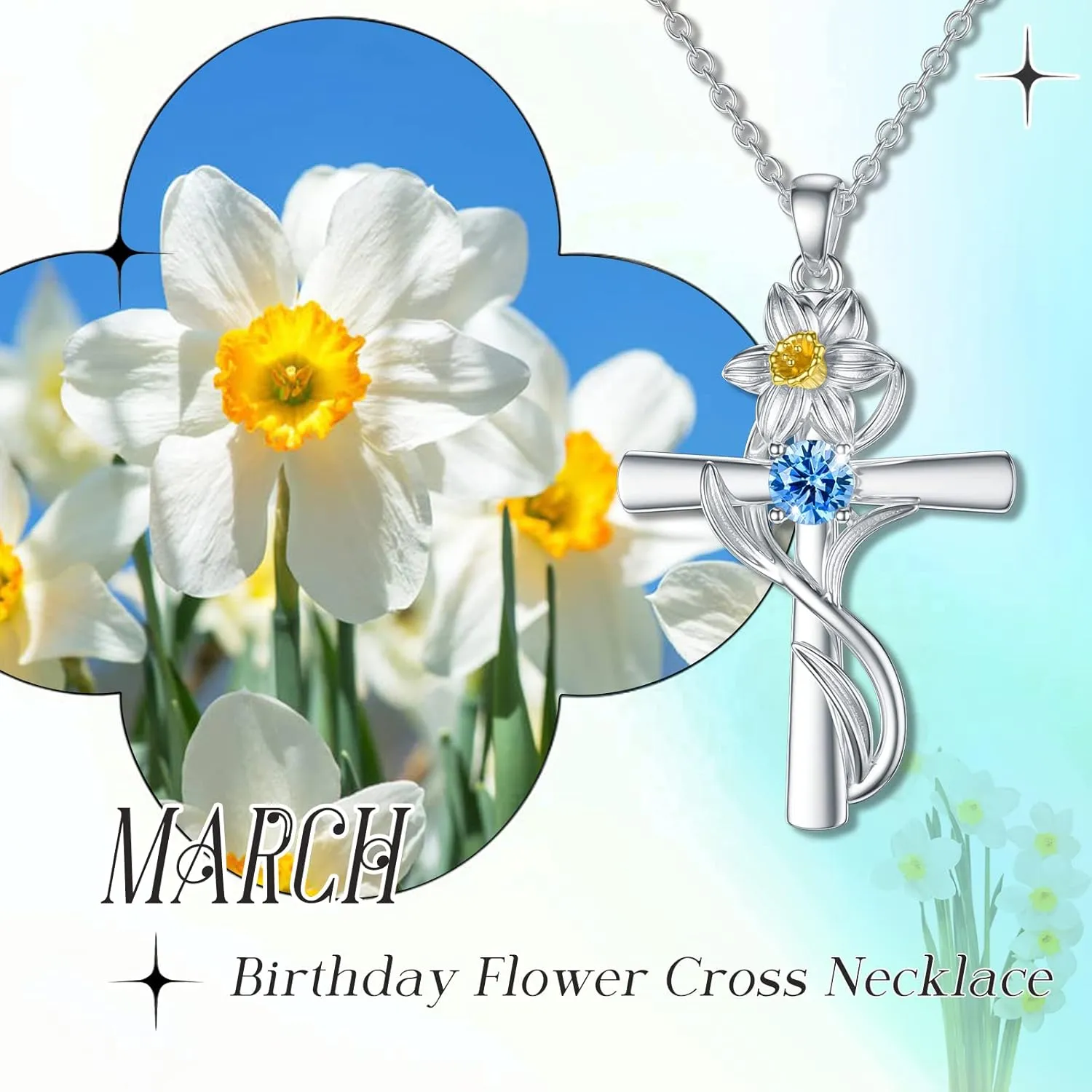 TOUPOP Cross Necklaces for Women Sterling Silver 12 Birthstone Birth Flower Pendant Necklace Jewelry Birthday Anniversary Mothers Day Christmas Gifts for Her Wife Girlfriend Mom