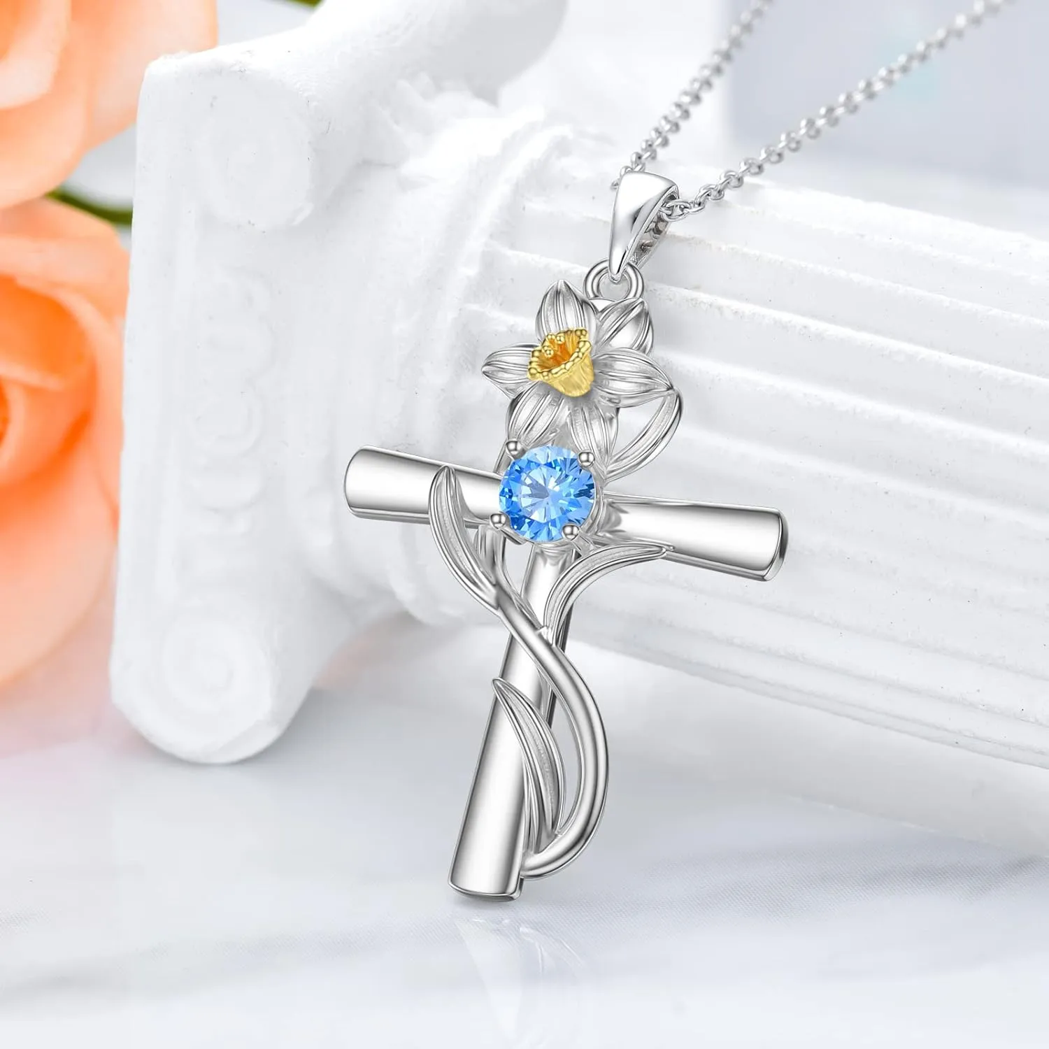 TOUPOP Cross Necklaces for Women Sterling Silver 12 Birthstone Birth Flower Pendant Necklace Jewelry Birthday Anniversary Mothers Day Christmas Gifts for Her Wife Girlfriend Mom
