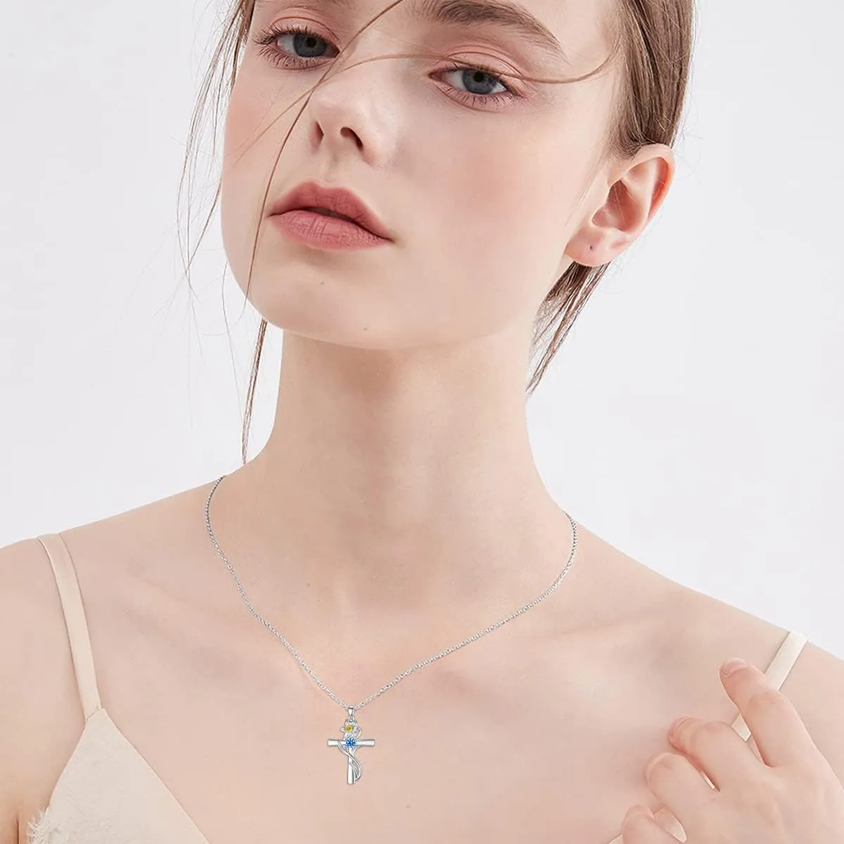 TOUPOP Cross Necklaces for Women Sterling Silver 12 Birthstone Birth Flower Pendant Necklace Jewelry Birthday Anniversary Mothers Day Christmas Gifts for Her Wife Girlfriend Mom