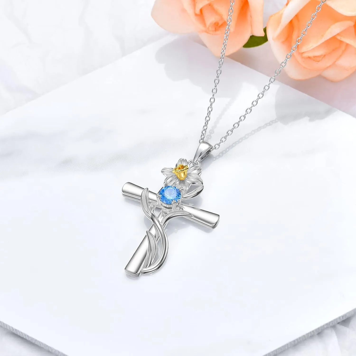 TOUPOP Cross Necklaces for Women Sterling Silver 12 Birthstone Birth Flower Pendant Necklace Jewelry Birthday Anniversary Mothers Day Christmas Gifts for Her Wife Girlfriend Mom