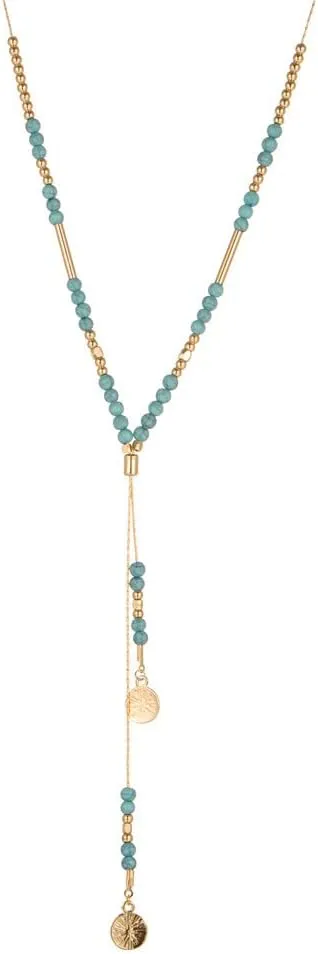 Turquoise Beaded Lariat Y Necklace for Women Long Adjustable Bohemian Handmade Sweater Chain Round Disc Pendant Necklaces Boho Western Cowgirls Retro Natural Gemstone Jewelry Gifts