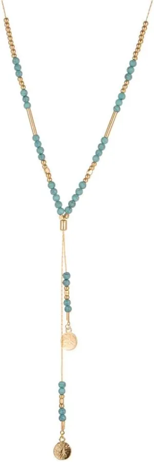 Turquoise Beaded Lariat Y Necklace for Women Long Adjustable Bohemian Handmade Sweater Chain Round Disc Pendant Necklaces Boho Western Cowgirls Retro Natural Gemstone Jewelry Gifts
