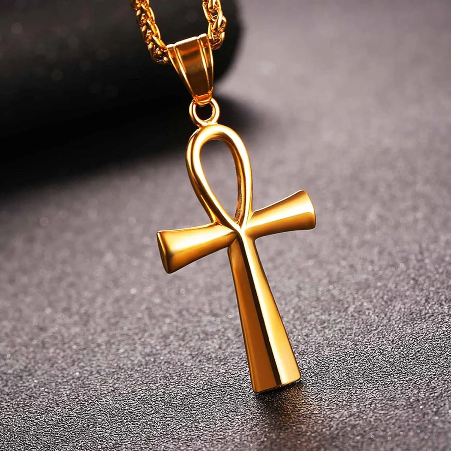 U7 Ankh Necklace for Men Women Stainless Steel Black Color Egyptian Jewelry Ankh Cross Pendant, Africa Necklaces with Chain 22"