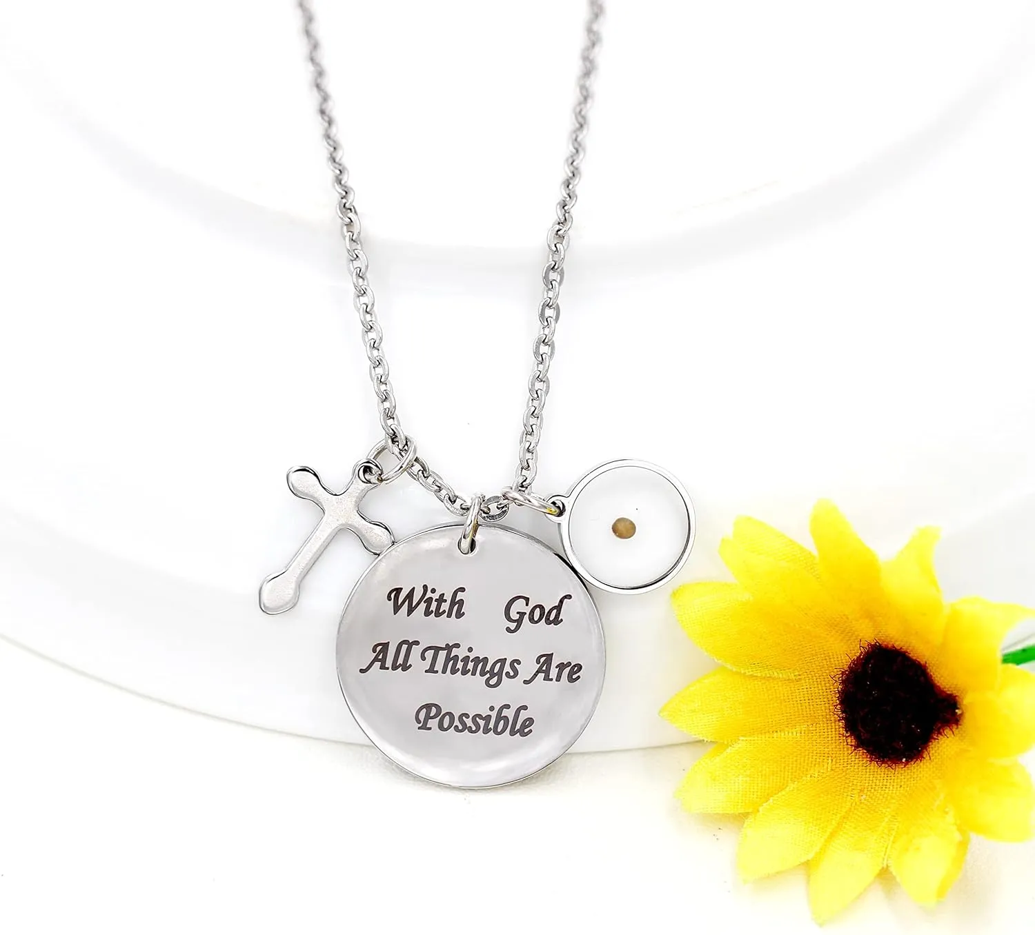 Uloveido Christian Bible Verse Necklace With God All Things are Possible Cross Mustard Seed Jewelry Y826