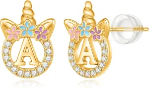 Unicorn Gifts for Girls - 14k Gold/White Gold/Rose Gold Plated Initial Earrings, Sterling Silver Post CZ Jewelry for Birthday