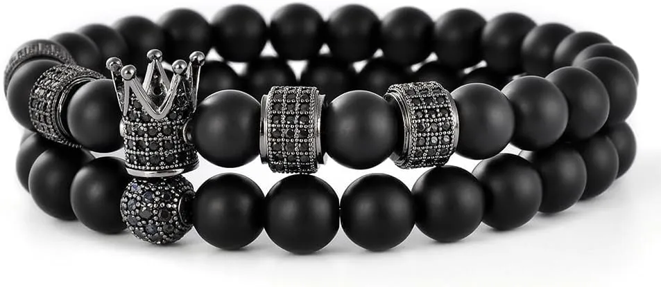 Unisex Friendship Bracelets SET, Crown for Men 8mm Lava Stone Bead Vintage Healing Stainless Steel Jewelry Gifts