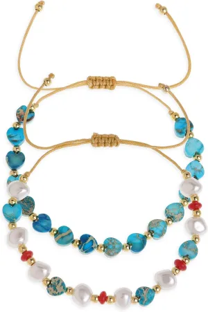 Valentine Day Turquoise Heart Stack Bracelets Set for Women, 2Pcs Boho Handmade Dainty Freshwater Pearl Gemstone Gold Beaded Adjustable Stackable Friendship Strand Bracelets Prom Jewelry Gifts.