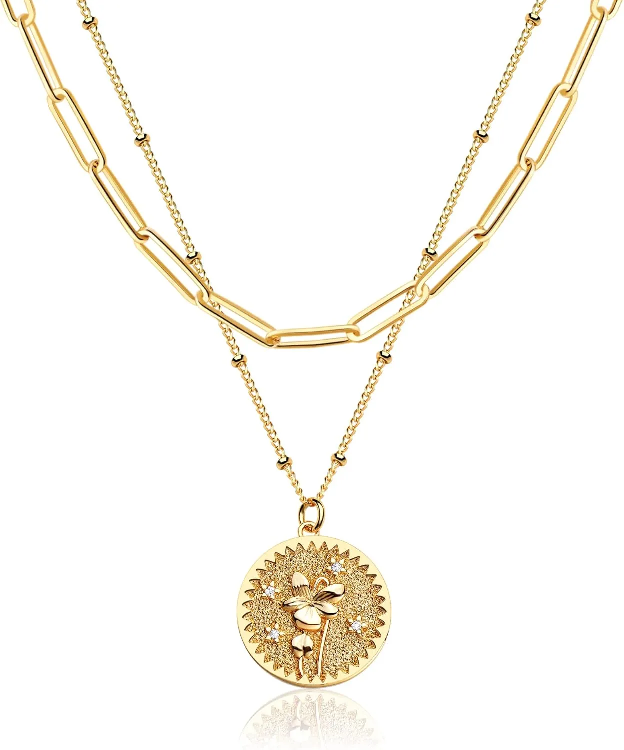 Valloey Rover Gold Layered Coin Necklace for Women Birth Flower Necklace 14K Gold Plated Dainty Carved Floral Pendant Necklace Personalized Engrave Double Layered Month Necklace for Birthday Jewelry