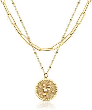 Valloey Rover Gold Layered Coin Necklace for Women Birth Flower Necklace 14K Gold Plated Dainty Carved Floral Pendant Necklace Personalized Engrave Double Layered Month Necklace for Birthday Jewelry