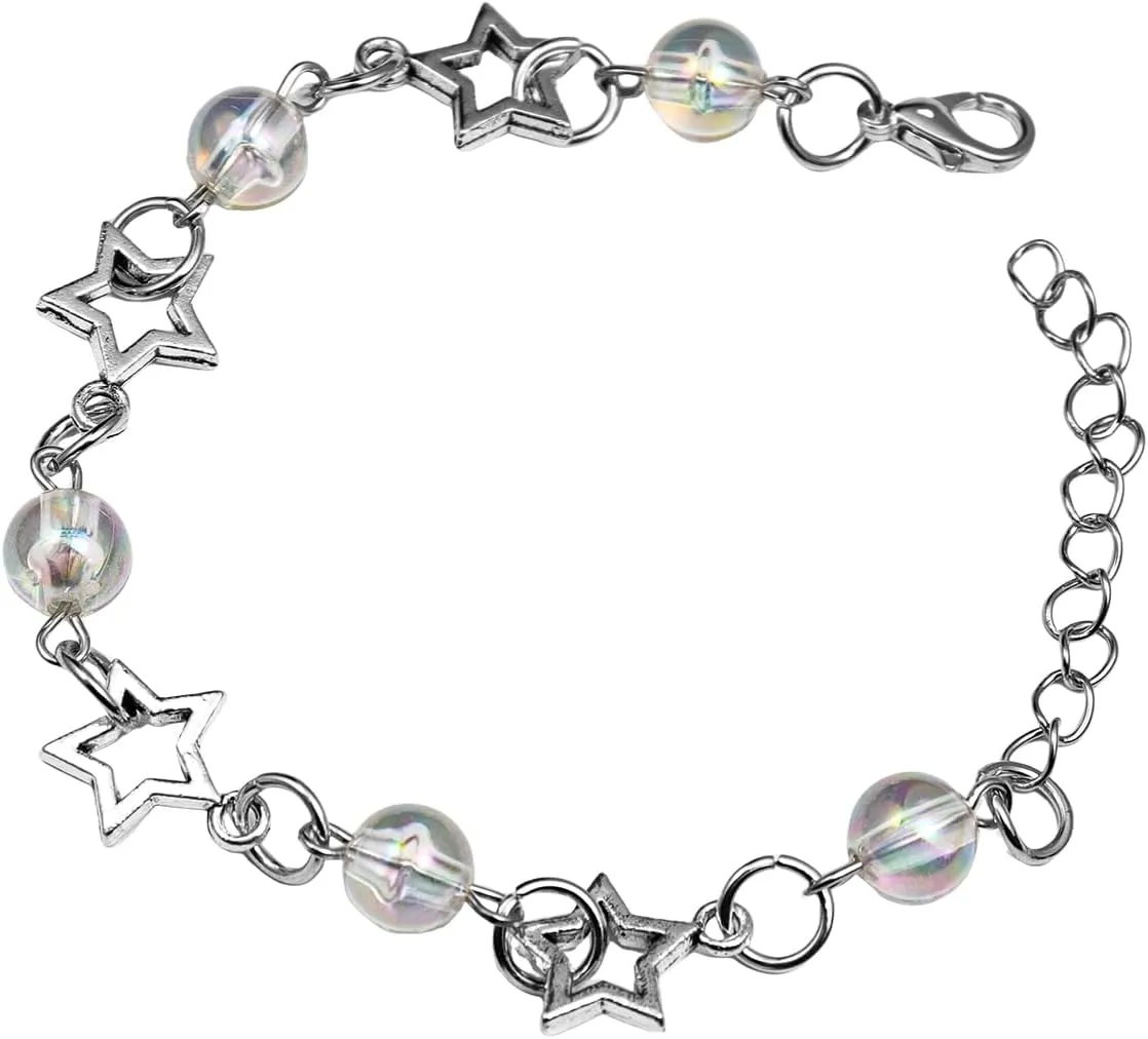 Vintage Punk Y2k Star Pearl Double Layer Beaded Chain Lightweight Bracelet Aesthetic Accessories Grunge Cool Couple Friendship Jewelry for Women