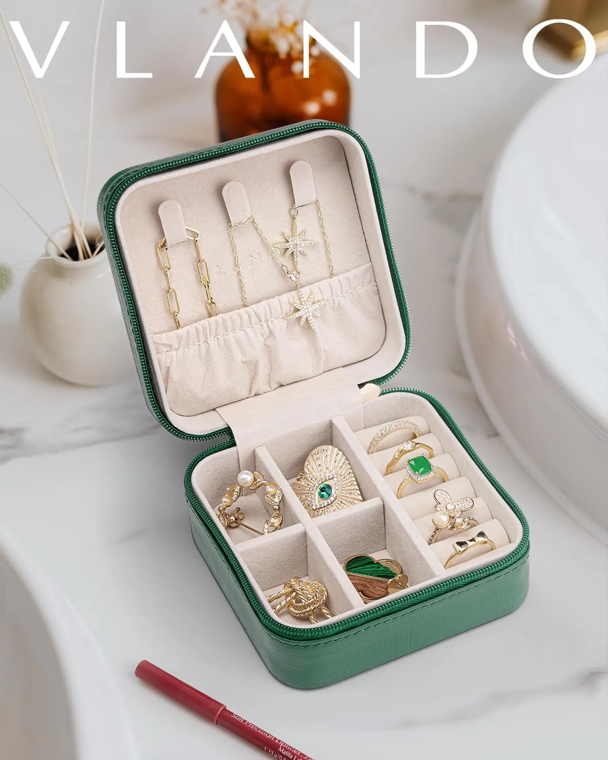 Vlando Small Travel Jewelry Box Organizer - Girls Women Gift Rings Earrings Necklaces Jewelry Storage Display Case Dark Green
