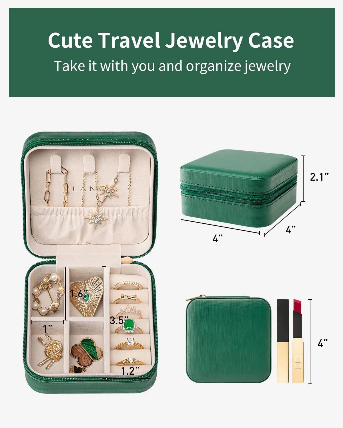 Vlando Small Travel Jewelry Box Organizer - Girls Women Gift Rings Earrings Necklaces Jewelry Storage Display Case Dark Green
