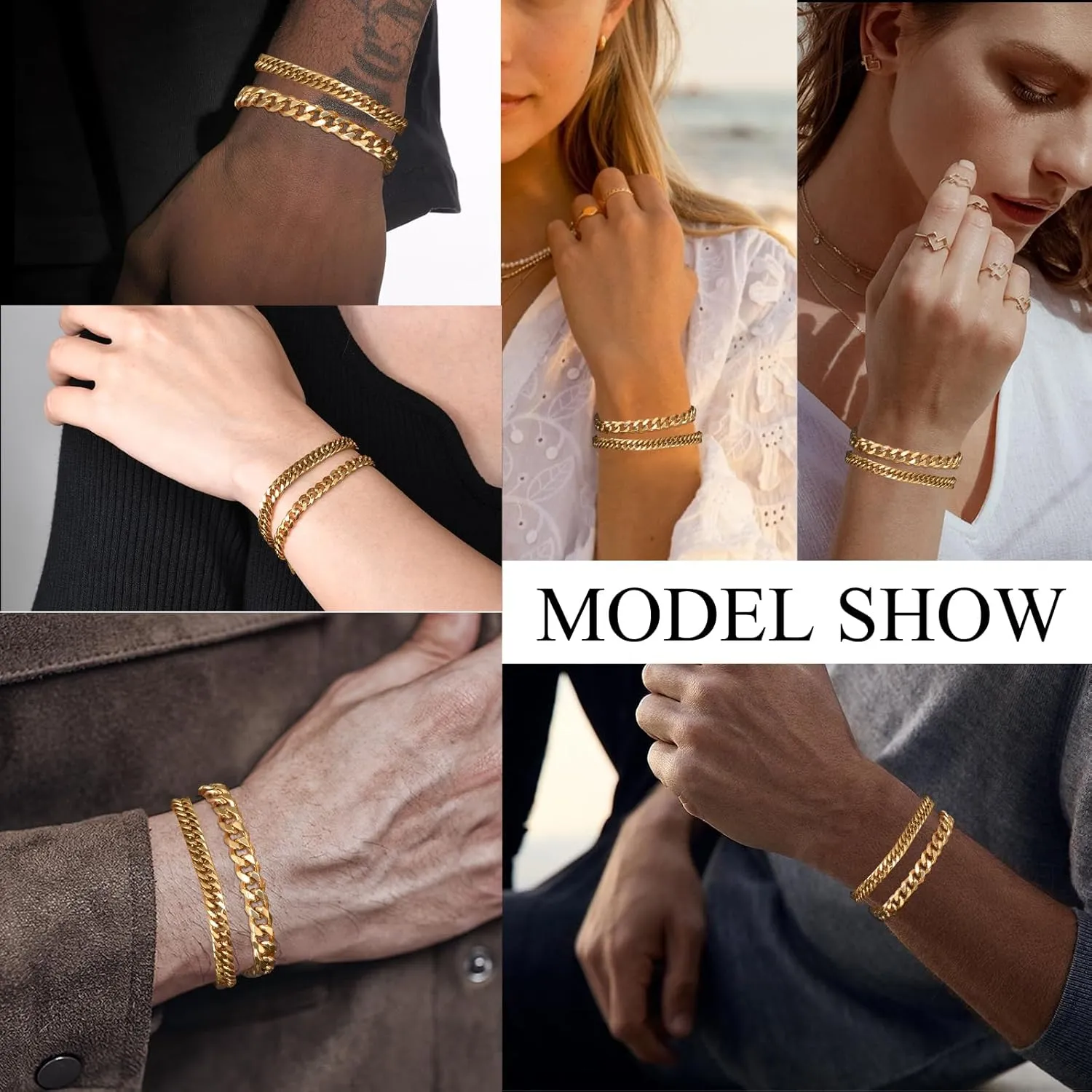 VNOX 2 Pcs Chain Bracelet for Men Women - Sturdy Stainless Steel Curb Width Cuban Link Chain Bracelet Set for Men Women,6.5/7/7.4/8.2/9 Inches