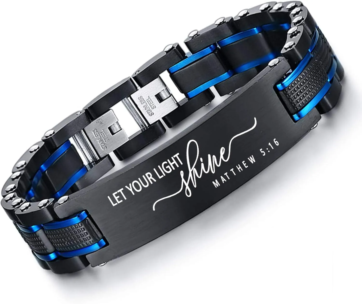 VNOX Personalized Religious Jewelry-Inspirational Christian Faith Bible Verse Quote Elegant Stainless Steel Two-Tone Blue&Black Link Bracelet Encouragement Gift for Men Boys Dad Son