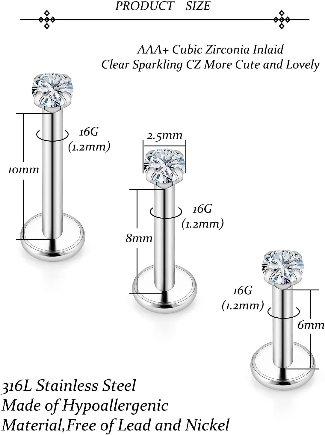 Vsnnsns 16G Lip Rings Stainless Steel Tragus Helix Conch Piercing Jewelry Snake Bite Piercing Monroe Lip Rings Labret Medusa Cartilage Lobe Earrings Studs Piercing Jewelry 6MM 8MM 10MM Silver 18PCS
