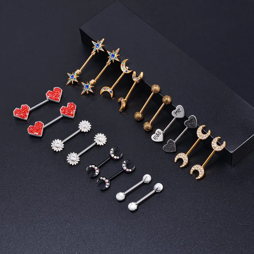 WASOLIE 7Pairs Cute Stainless Steel Nipple Rings Barbell Piercing Nipple Tongue Rings 14G.
