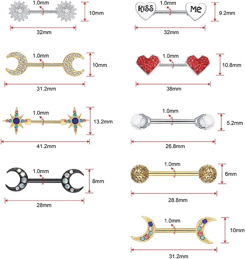 WASOLIE 7Pairs Cute Stainless Steel Nipple Rings Barbell Piercing Nipple Tongue Rings 14G.